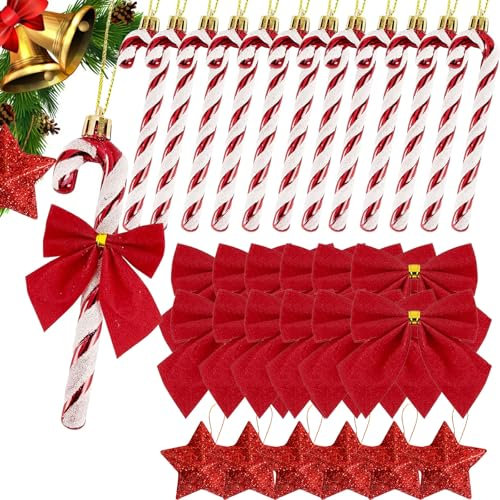 30 Stück Weihnachtsbaumschmuck, Zuckerstangen Weihnachtsbaum, Christbaumanhänger Zuckerstange Deko, SzonMcnl Weihnachtsdeko Anhänger Zuckerstange mit Weihnachtsschleifen Weihnachtsstern (Rot & Weiß)