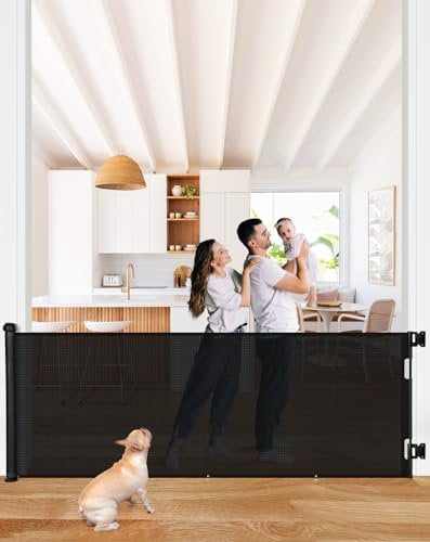 COMOMY 300cm Retractable Baby Gate for Stairs, Mesh Dog Gate for House Doorways Hallways, 86cm Tall Extra Wide Child Safety Gate for Kids Pets, Indoor and Outdoor (Black)