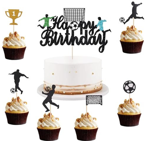 ALEGRE Fussball Tortendeko Geburtstag,13 Stück Fussball Deko Geburtstag Tortenaufleger Junge,Happy Birthday Kuchen Deko Fußball,Glitzer Deko Torte Schwarz Cupcake Topper für Kinder Geburtstag Party