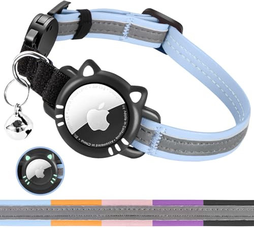 AgoumLux Katzenhalsband für Airtag, reflektierend, verstellbar, mit Glocke, Blau, XS