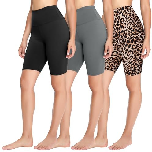 FOTOCITI 3er Pack Radlerhose Damen High Waist Kurze Sporthose Elastisch Shorts Sommer Leggings Hosen für Sport Yoga Gym(06#Schwarz+Dunkelgrau+Leopard, S-M)