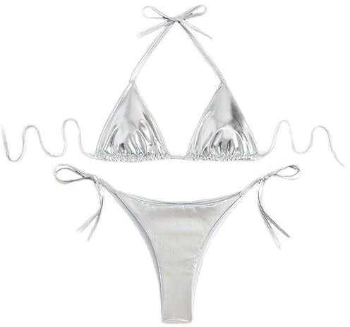 THSCWY Maillot de bain 2 pièces pour femme avec triangle à nouer sur les côtés et rembourré, Argenté, Taille M