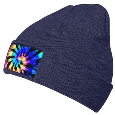 Beanie-Mütze mit exotischem Tribe-Stil, Batik-Stil, für Damen und Herren, Strickmütze, warme Wintermütze, modische Mütze mit Bündchen, marineblau, One size