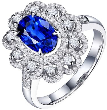 Freundschaftsringe zum Gravieren, Ring 750 Weißgold 18 Karat Blume Lab Saphir 2CT Blau Ovalschliff VVS mit Diamant Weiß Größe Personalisiert