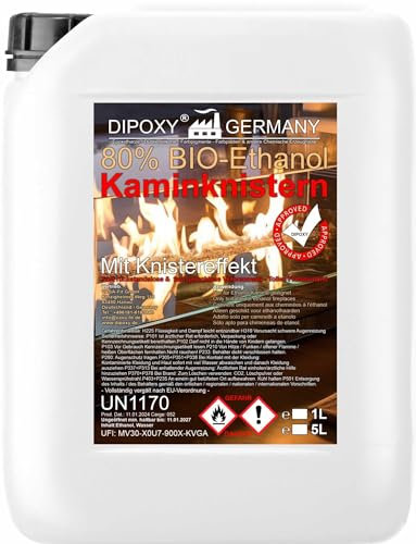 Bioethanol, Ethanol 80% Premium 1L - mit Kaminknister-Effekt, Bio-Ethanol für Dekofeuer, Tischkamin, Kamin & Gartendeko-Feuer für Innen und Außen - Rauch- und Rußfrei