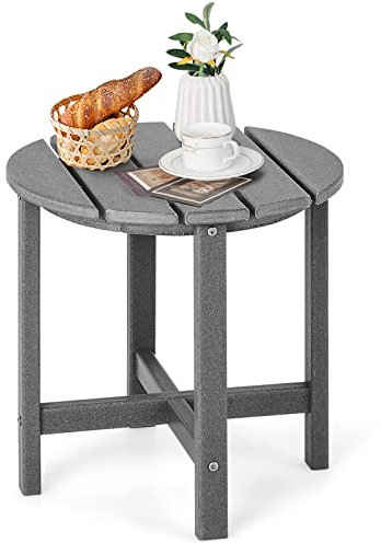 GOPLUS Gartentisch klein, Beistelltisch Outdoor aus HDPE, Kaffeetisch, Balkontisch wetterfest, Bistrotisch, Platzsparend für Wohnzimmer Schlafzimmer, Terrasse Hof & Garten (Rund, Grau)