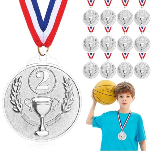 Hianjoo 12 Stücke Medaille für Kinder, Medaillen Kindergeburtstag, Gewinner Medaillen zum Umhängen für Siegerehrungen, Siegermedaillen für Sport/Wettbewerbe Auszeichnungen/Party (Silbermedaille)