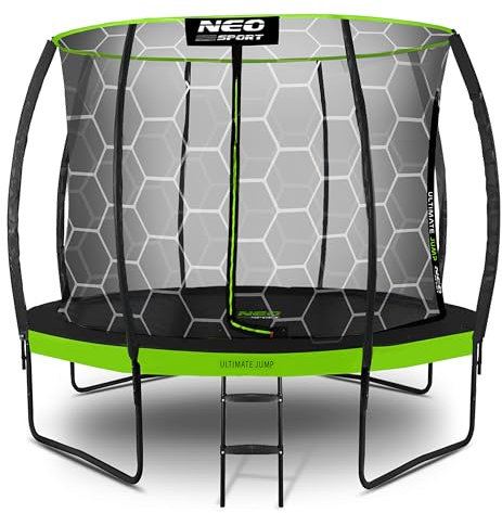 Neo-Sport Trampolin Outdoor Kinder Gartentrampolin Sicherheitsnetz Innen Leiter Gepolsterte Stangen Wetterfest Rostfrei Belastbar bis 150 kg Grün Schwarz 312 cm