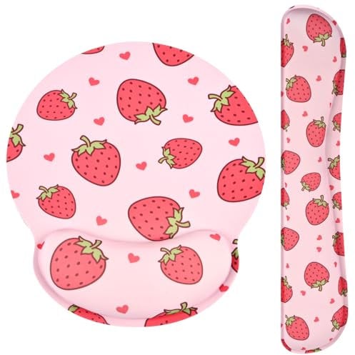 Ksriylm Cute Mouse Pad with Wrist Support Keyboard Wrist Rest Set,Ergonomic Mouse Pad with Non-Slip Base for Office Gaming Working Computers,Easy Typing & Pain Relief Mouse Mat,Pink Strawberry