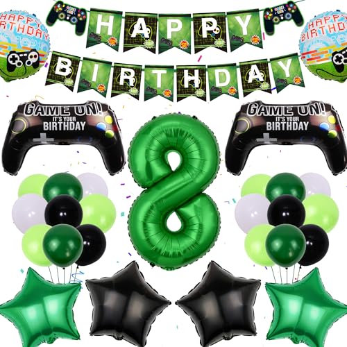 8th Birthday Decorations Banner Balloons - 47 Pieces Video Game Party Decor Set Include Happy Birthday Banners, Number 8 Game Controller Foil Balloons for Gamer Theme Party Supplies