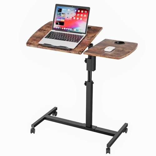 Dripex 80×40cm Laptoptisch mit 4 Rollen, Schreibtisch Höhenverstellbarer 69-98cm, Mobiler Stehpult Computertisch mit Stopp-Leisten, Überbett-Tisch, Beistelltisch für Sofa Wohnzimmer, Vintage Braun