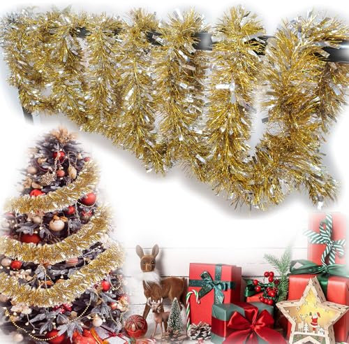 Natale Tinsel Ghirlanda,Ghirlande Metalliche Scintillanti,Ghirlanda Albero di Natale,Ghirlanda di Natale Artificiale per Tinsel Appendere Albero,4 pcs x 2 m (oro)