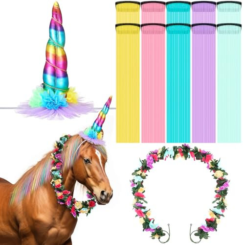 XunYee 12 Stück Pferde Kostüm Bling Zubehör Floral Spirale Horn 10 Mähne und Schwanz Clip in Haarverlängerungen Bling Pony Lametta Rose Blume Rebe für echtes Pferd Geburtstag Party Dekor