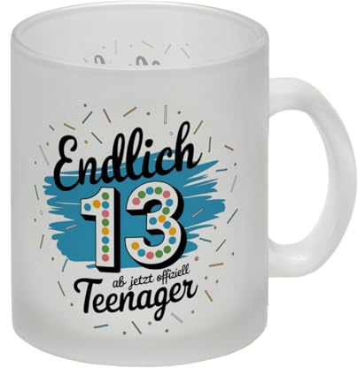 Offiziell Teenager endlich 13 Glas Tasse Geburtstagsdesign mit bunter Schriftart und Konfetti-Sprenkel für eine feierliche 13 Geburtstagsparty
