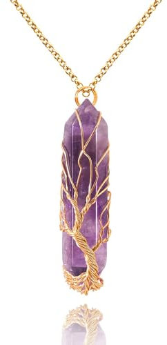 Lilbitty Pendentif en améthyste avec arbre de vie, chaîne en pierre précieuse en cristal, bijou de guérison pour homme et femme, idée cadeau, avec boîte cadeau et pochette en velours