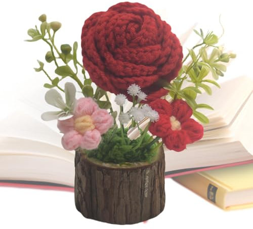 Schreibtisch-Häkel-Topfpflanze,Häkelblumen-Topfrose | Kleine gehäkelte Topfrosen-Sonnenblumen-Statue - Armaturenbrett-Dekoration, künstlicher Blumenstrauß für den Tisch, zum Geburtstag oder zur Einwei