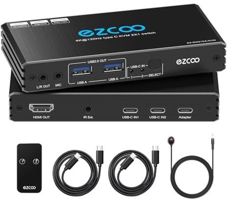 4K@120Hz USB-C KVM Switch HDMI2.1 2 Laptops with 2 USB 2.0 Ports L/R MIC OUT Share 1 Monitors Keyboard Mouse Hard Drive Printer with PD100W Power Adapter, 2 Type C Cables, IR Remote Control