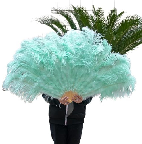 Feather Fan Yellow Large Ostrich Feather Fans Fluffy Performance Dance Folding Hand Held Fan Various Styles Party Props Stage Show Props Fan For Fancy Dress Party Dance Photoshoot(Mint Green,130CM 2PC