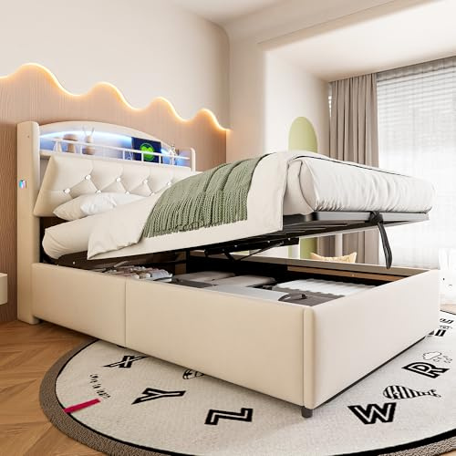 Kebnor Kinder Polsterbett 90x200, Samt Einzelbett Multifunktionsbett mit Stauraum mit LED und USB (Beige)