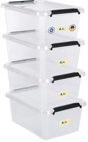 astor24 Aufbewahrungsbox mit Deckel - 4x 4.5 L - transparent Organizer - lebensmittelecht - stapelbar. Ideal für Büro, Kinderzimmer, Kleiderboxen - Küche - Werkstatt