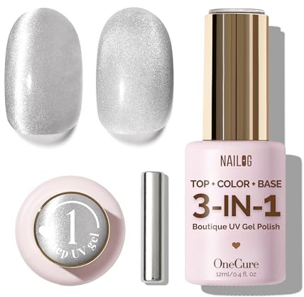 NAILOG Cat Eye Gel Nail Polish 12ml | Top Coat Colour Gel Base Formula Soak Off | OneCured 3-in-1 UV Polish for Home DIY & Gifting | Silver Shaded