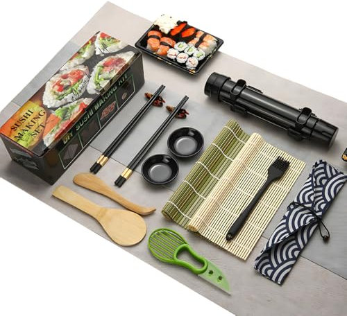 Kit completo de 16 piezas de bambú natural para hacer sushi con conos de bazuca, utensilios para cocinar en casa, diversión familiar para principiantes