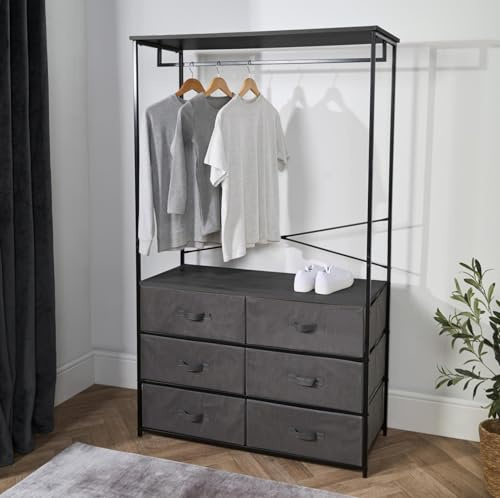 OHS Brooklyn Chest of Drawers with Clothes Hanging Rail, Open Wardrobe Storage Unit Organizer with 6 Fabric Drawers & Sturdy Metal Frame for Bedroom Closets Office, Grey