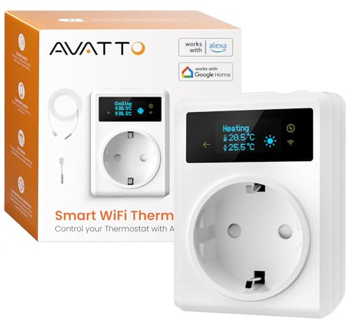 AVATTO Smart Temperaturregler, Digital Thermostat Steckdose kompatibel mit Alexa, Google Assistant Sprachsteuerung und Smart Life App, mit Heizung/Kühlung/Timer, 3m und 5cm Fühler, 230V
