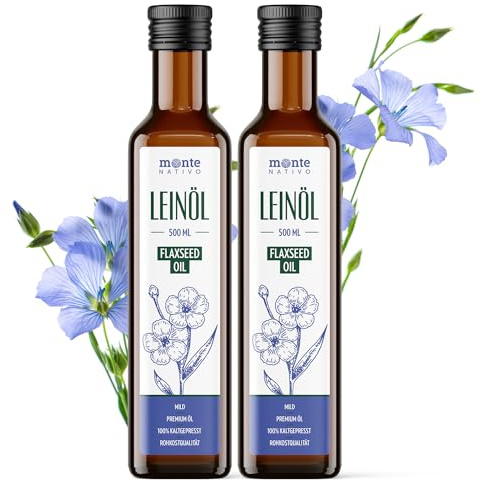 Olio di Semi di Lino Monte Nativo (2x500ml) - Olio di Semi di Lino Spremuto a Freddo, Vergine e Non Raffinato - Acidi Grassi Omega Per il Benessere e la Cura della Pelle