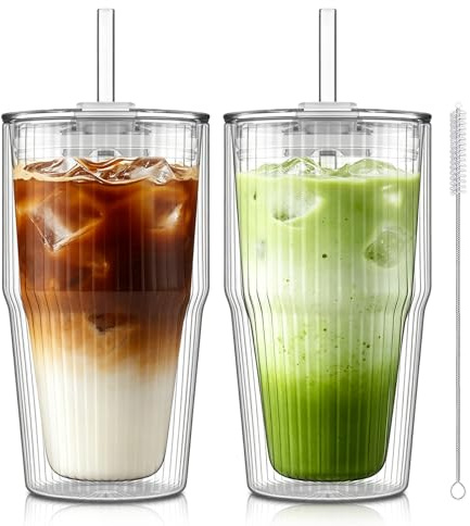 KEMORELA Juego de 2 vasos térmicos de doble pared de 480 ml con tapa y pajita, vasos de cristal acanalados para latte macchiato, café, té y café helado, vasos de cristal con tapa y pajita
