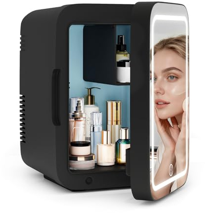 YU YUSING Mini Kühlschrank 4L Kosmetik Kühlschrank mit LED Spiegel AC+DC | Tragbarer, Klein Skincare Fridge für Skincare & Getränke mit Kühl & Wärmefunktion für Autos Büro Schlafzimmer, Schwarz