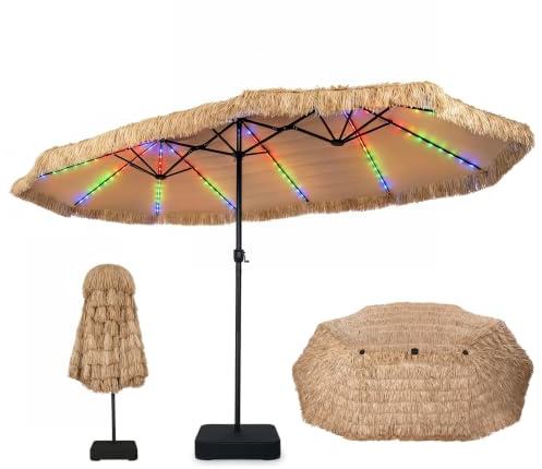 COSTWAY Parasol de Jardin Paille Exterieur avec Pied LED Solaires 4,5x2,7 m | Parasol Double Exterieur, Manivelle Lisse, 12 Baleines, Goupille Réglable, Protection Solaire, Imperméable, Jardin