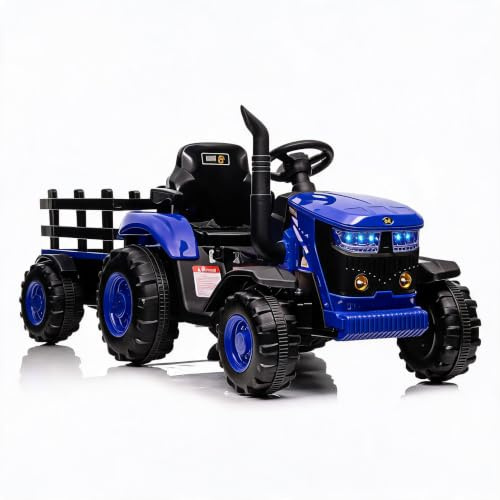 12V Kids Electric Ride-on Tractor with Removable TrailerEVA Tires Parent Remote Control MP3 Music Safe Battery Powered Toy for Boys & Girls Up to 30kg Blue