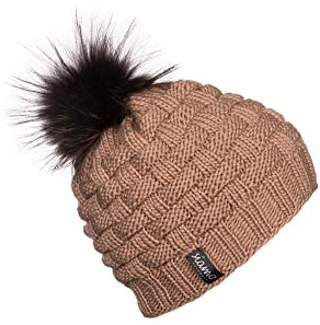 Merino Mütze LAHTI mit Echtfell-Bommel camel Unisex von siamo-handmade