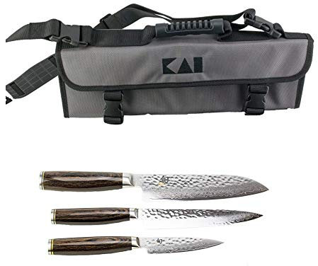 KAI Shun Tim Mälzer Damast-Messerset | KAI Messertasche + TDM-1700 (Officemesser) + TDM-1701 (Allzweckmesser) und TDM-1702 (Santoku)