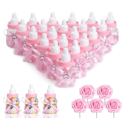 N&T NIETING Baby Shower Candy Bottle, 24Pcs Baby Shower Favours Fillable Baby Bottles with 5Pcs Roses, Mini Feeding Box for Infant Baptism Party Supplies Boy Girl Christening Birthday Decor(Pink)