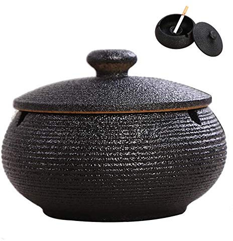 AMITD Zigarren Aschenbecher, Chinesische Keramik Aschenbecher Mit Einer Abdeckung Teetisch Couchtisch Klein Dekoration Wohnung Schlafzimmer Retro Zigarre Rauch Und Rauch,Runde Black(Schwarz) Runde