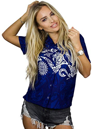 King Kameha Funky Hawaii-Bluse-Hemd, Damen, Kurzarm, Maori-Chest, Blau, M