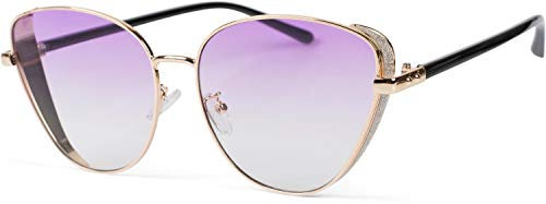 styleBREAKER Damen Cateye Sonnenbrille mit Glitzer Element, Metall Rahmen und Polycarbonat Gläser, Katzenaugen Form, Retro Look 09020104, Farbe:Gestell Gold/Glas Lila getönt