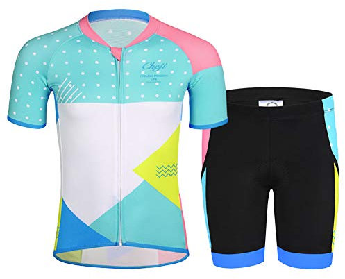 YFPICO Traje de Ciclismo Niño/Niña Maillot Transpirable para Deportes al Aire Libre,Bicicleta Camiseta Manga Corta + Pantalon Corto con Asiento Acolchado, Verde + Blanco, 134/140