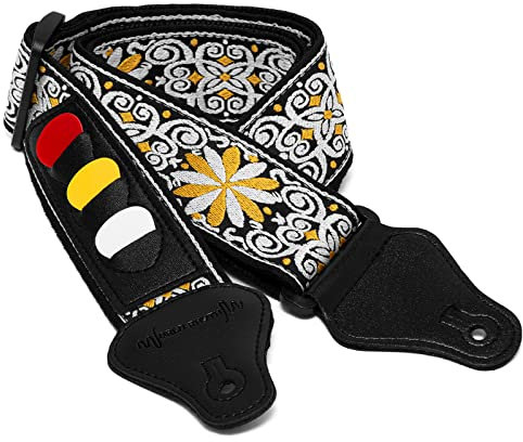 World Rhythm Guitar Strap Floral Yellow Embroidered Cotton Guitar Strap for Electric, Acoustic, Classical and Bass Guitars with Pick Holder and Picks