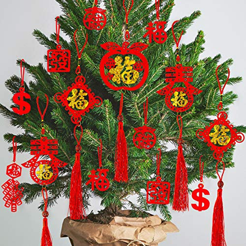 Whaline 46 Stück chinesische Neujahrsdekorationen Mini-roter chinesischer Knoten-Anhänger, traditionelle Glücks-Ornamente für Neujahr, Zuhause, Büro, Auto, Baum, Frühling, Dekorationen, 8 Designs