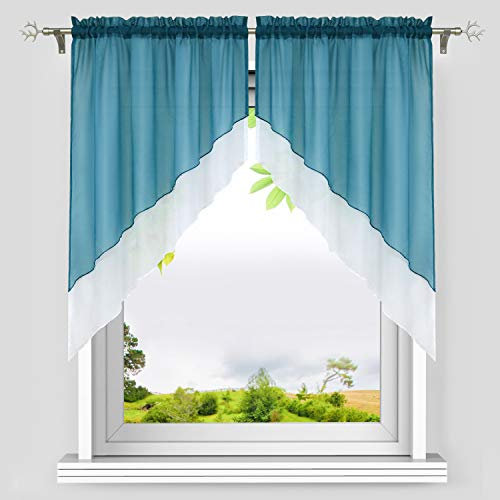 HeichkelL Voile Scheibengardine Bogen Set 2-Teilige Kleinfenster Vorhang Tunnelzug Kurzstores Doppelschichtige Küchengardinen Aqua BxH 120x125 cm (Jedes Stück)