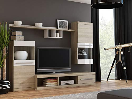 Wohnwand Nick, Anbauwand, Lowboard, Hängeschrank, Hängeregal, Vitriner, Tv Wand, Mediawand, Schrankwand, Fernsehenschrank, Wohzimmer (Sonoma Eiche/Weiß Hochglanz)