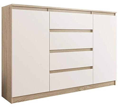 Framire R-140-S4 Kommode in Sonoma Eiche mit Weiß, Kommode mit 4 Schubladen, 2 Türen, Schrank für Schlafzimmer, Wohnzimmer, Bad, 98 x 139 x 40 cm