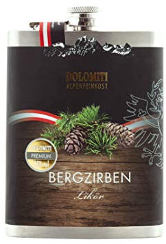 Berg Zirbenlikör Flachmann 0,2 Liter/Edelstahl Flachmann für unterwegs, auf Reisen, Ausflügen, in den Bergen, Radfahren/Österreichischer Zirben-Likör aus den Alpen