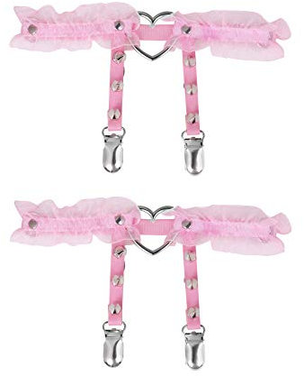 alisikee 2 verstellbare Spitzen-Herz-Oberschenkelstrumpfbänder mit Anti-Rutsch-Verschlüssen, elastischer Bein-Strumpfgürtel für Damen, Schwarz/Rosa, Pink, Einheitsgröße