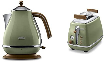 De'Longhi Toaster Icona Vintage CTOV2103.GR - 2-Schlitz-Toaster mit Brötchenaufsatz, grün & De'Longhi Wasserkocher Icona Vintage KBOV2001.GR - 1,7 l mit Wasserstandsanzeige und 360° Basis, grün