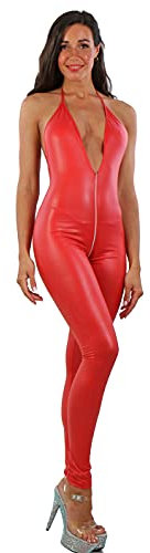 MISS NOIR 18235 Damen Rückenfreier Overall im Wetlook – Sexy Jumpsuit mit 4-Wege-Reißverschluss Playsuit Clubwear (Rot (18235-rd), XL)