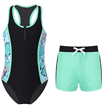 Alvivi Mädchen Badeanzug Bademode Einteiler Bikini Tankini mit Druck Shorts Kinder Sommer Schwimmanzug Badebekleidung Gr.98-176 A Palme 158-164